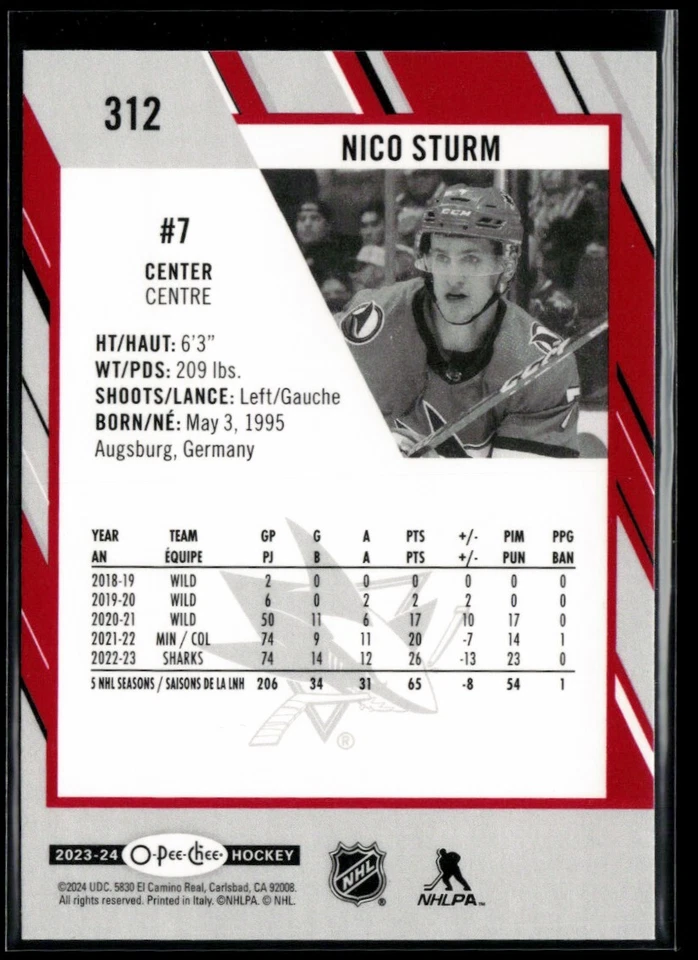 2023-24 O-Pee-Chee Red #312 Nico Sturm - Image 2 of 2
