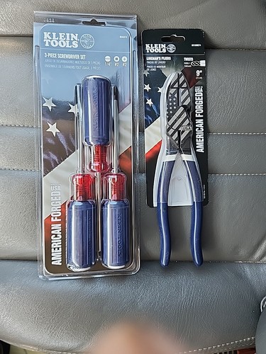 Klein American Forged Lineman's Pliers + 3 Piece Screwdriver Set Red White Blue