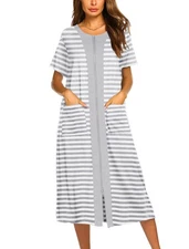 Robes For Women Zipper Front Bathrobe Short Sleeve House Coat Long Nightgown ...