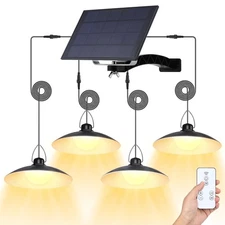 Solar Pendant Lights Outdoor IP65 Waterproof, 4 Heads Solar Powered Shed Ligh...
