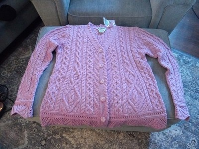 Aran Crafts Ireland Merino Wool Cardigan Knit Sweater Womens Pink Sz S