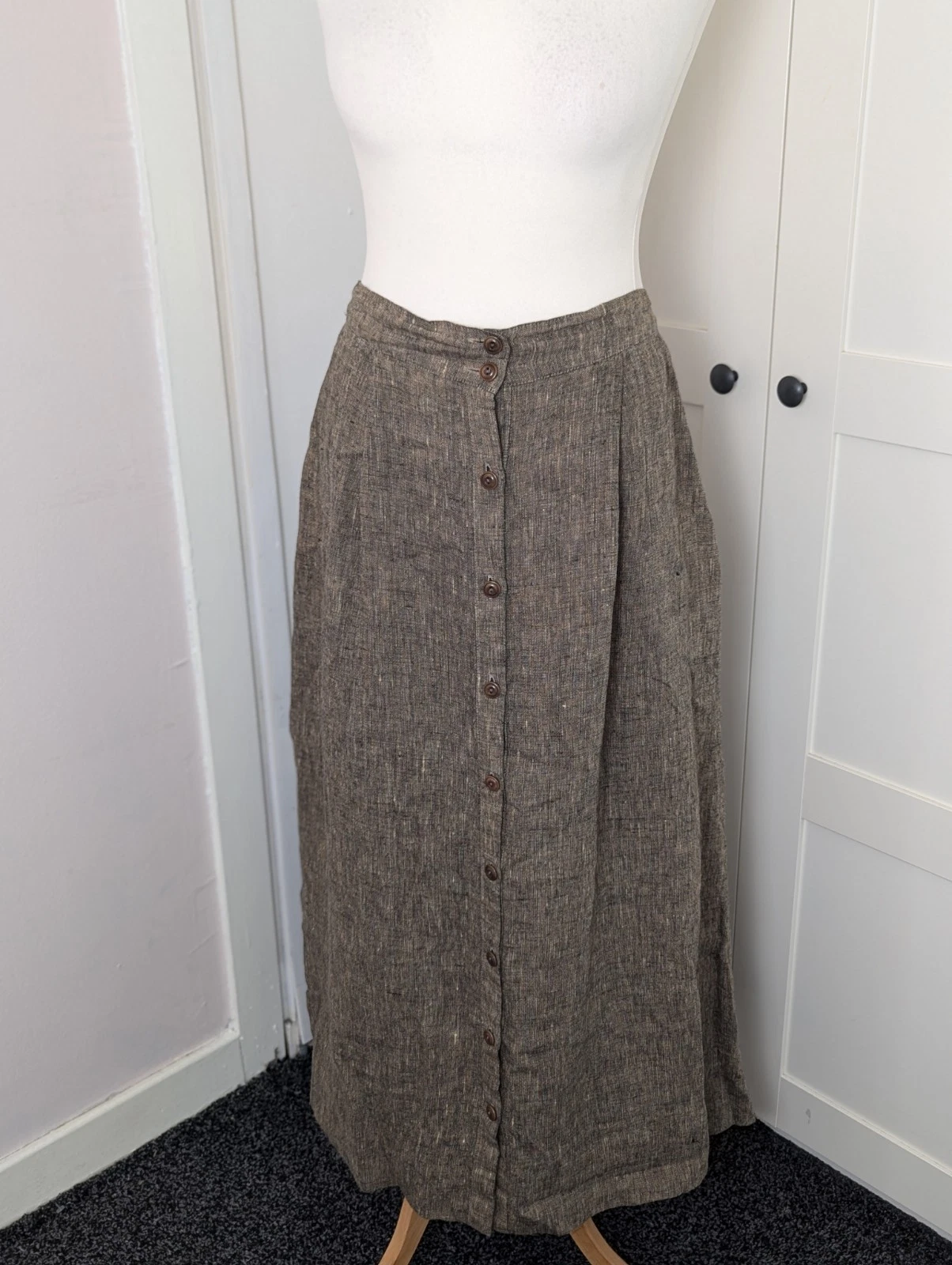 FLAX Jeanne Engelhart Skirt Women’s Large Lagenlook Brown Long Linen Button