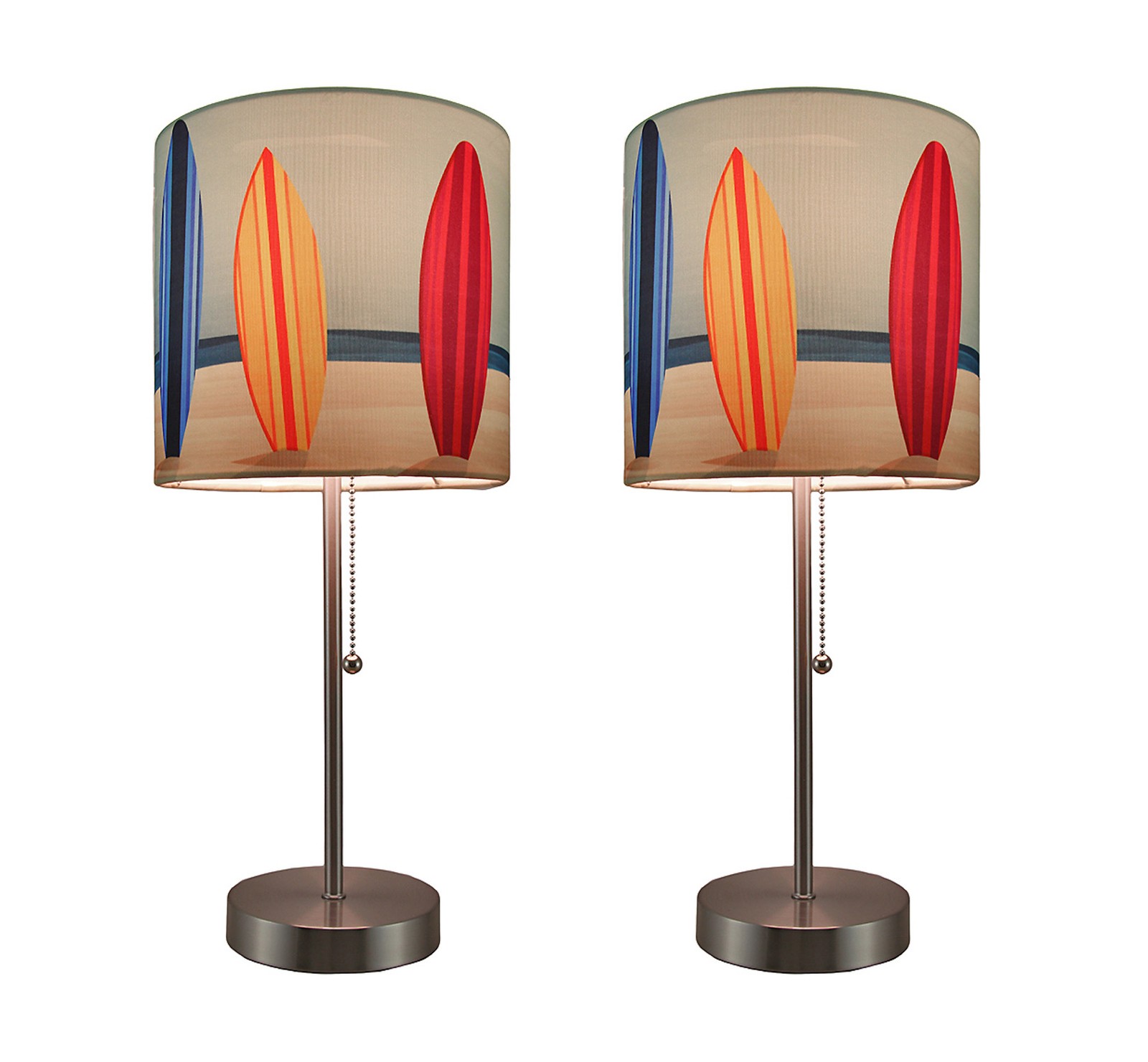 Zeckos Set of 2 Stainless Steel Table Lamps with Decorative Surfboard Shades