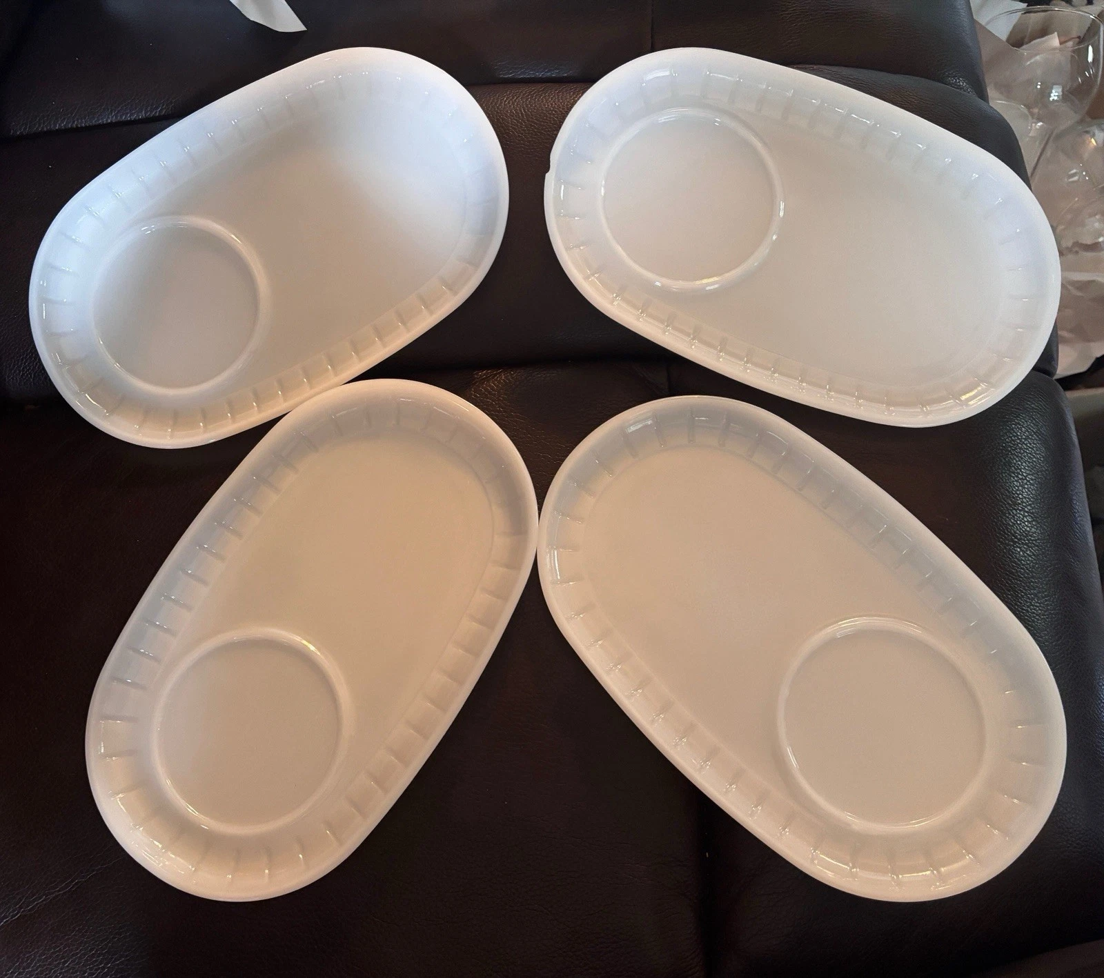 vintage Federal Glass white milk glass snack or sandwich trays ribbed edge Set 4