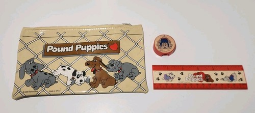 Vintage Pound Puppies Pencil Holder Case Zip Closure 1986 Tonka Ruler Sharpener 