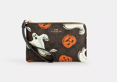 Coach Corner Zip Wristlet In Signature Canvas With Halloween Print