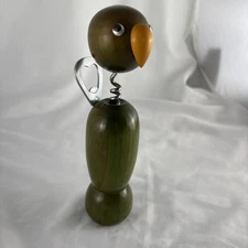 Vintage MCM Bird Parrot Shaped Bottle Opener Corkscrew Wooden Green Japan