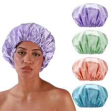 4 Pack Shower Caps, Double Waterproof Layers Reusable Bath Caps for Women Hai...