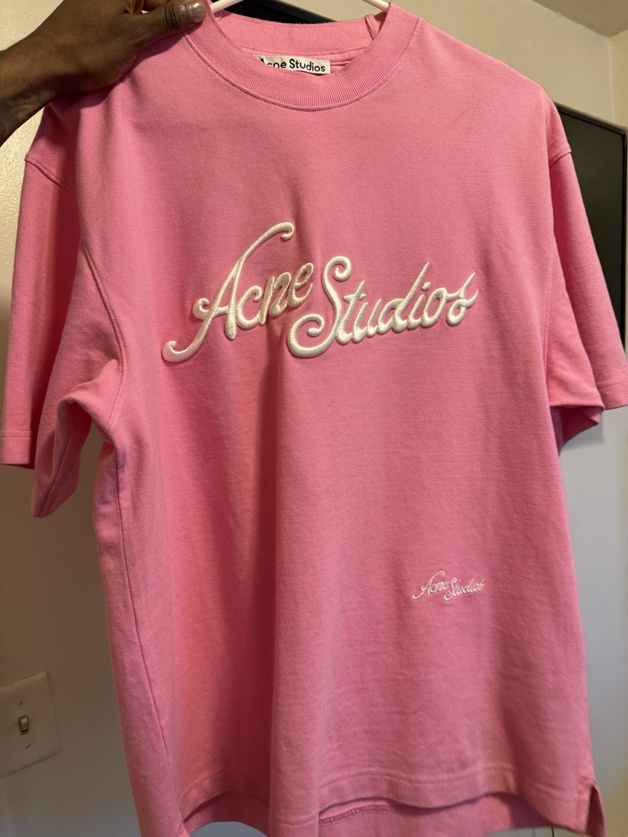 Acne Studios Pink Embroidered Logo Crew Neck Men's Short Sleeve T