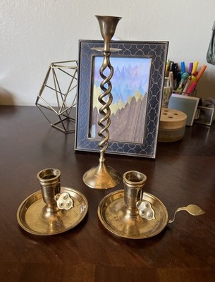 Lot Of 3 Vintage Brass Candlesticks Tall Open Spiral & Pair Key Turn Retro Decor