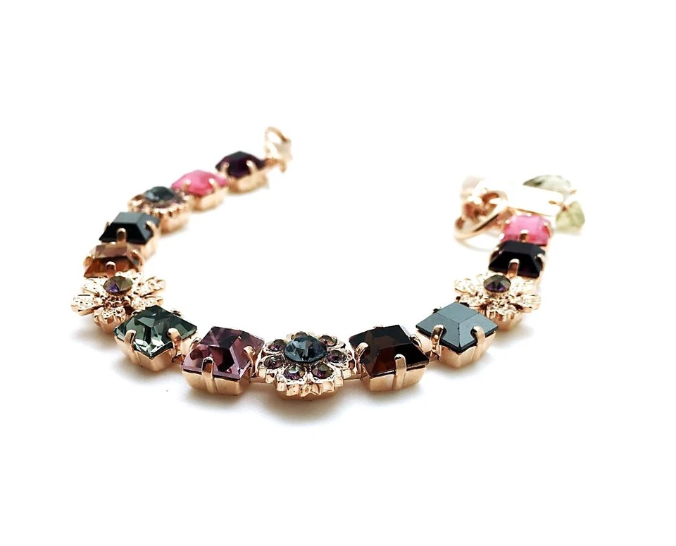 Pulseira por Mariana elegante floral rosa e topázio cristais Swarovski - Imagem 3 de 4