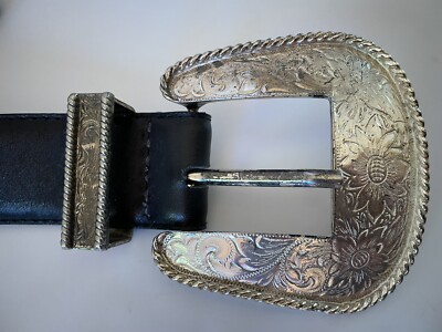 Vintage Western Black Leather Belt S (24”-28”) Tooled Sterling