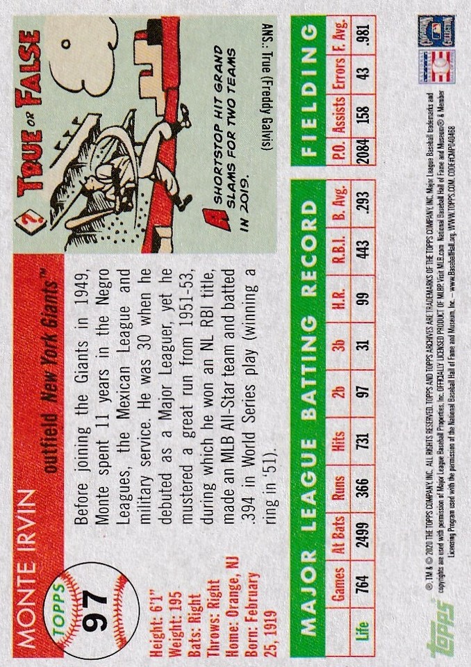 2020 TOPPS ARCHIVES MONTE IRVIN DETROIT TIGERS BASEBALL B2337 2 eBay