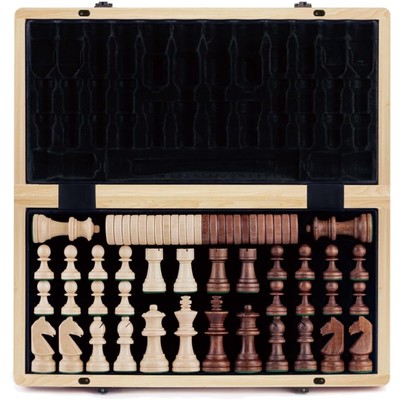Wooden Folding Chess Checkers Set 15 Inch Standard Staunton Pieces Kids 