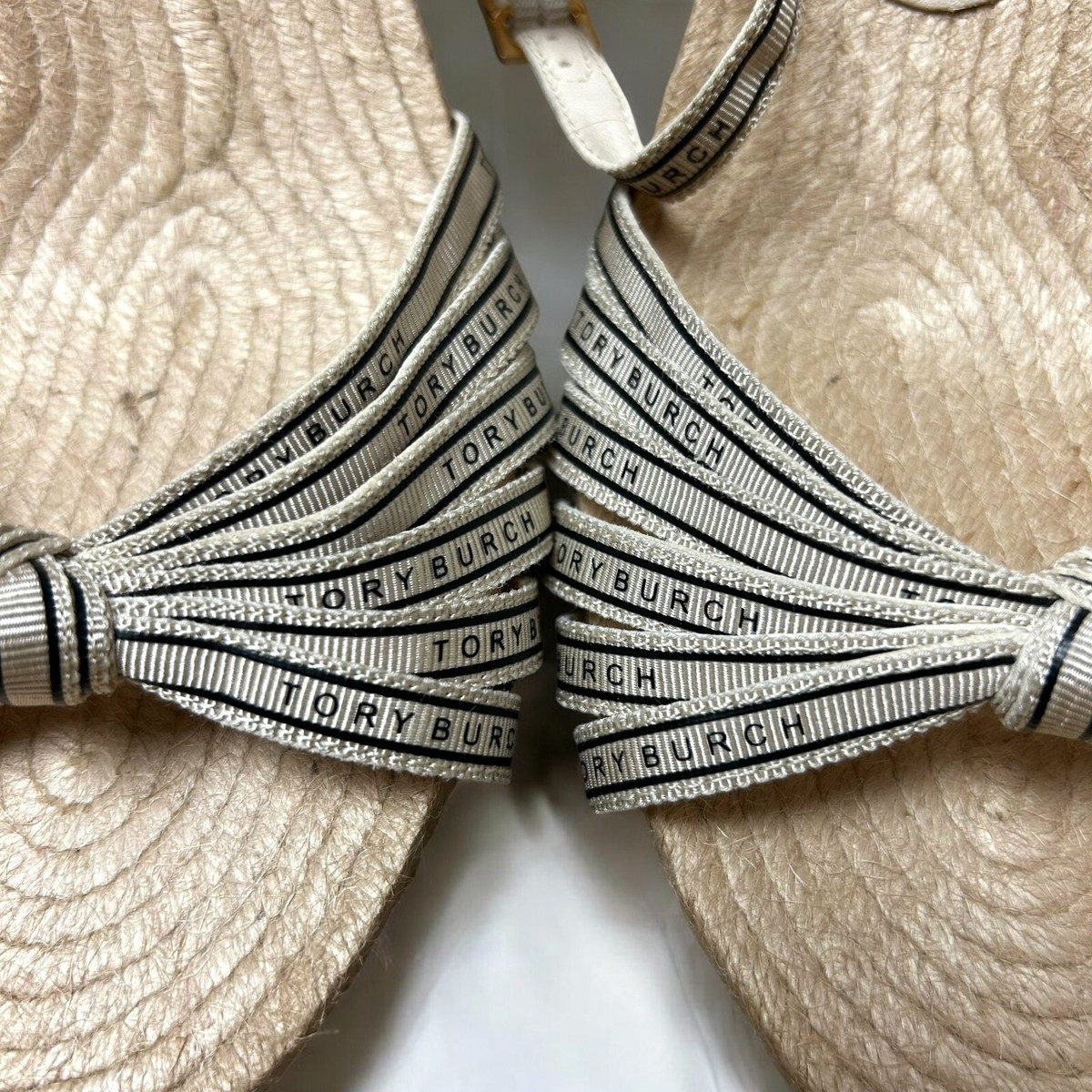 Tory Burch White Beige Logo Ribbon Wedge Espadrille Platform