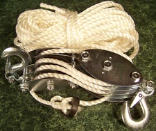 2 Ton ROPE HOIST with 2 HOOKS and Safety CLIPS Dual 4 wheel Pulley Blocks 65 ft.