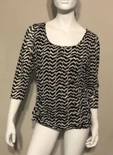 Kenneth Cole Blouse, 3/4 Sleeves, Black and White Geometric, Size XL