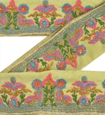 Sanskriti Vintage Saree Border Hand Beaded 1Yd Trims Floral Lace 2W Green