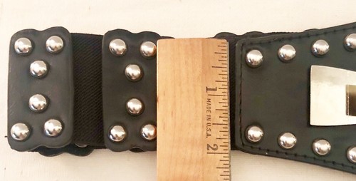 Women's Waist Belt Hook Closure Studded Black Leather & Elastic - Picture 8 of 8