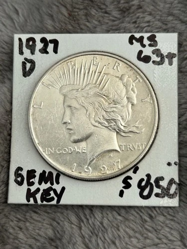Semi-Key 1927-D PEACE DOLLAR. GUARANTEED UNC and NEVER CLEANED.