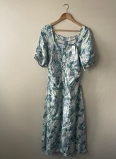 Loft Floral Print Short Sleeves Button Front Dress Blue Green Size 8 Boho