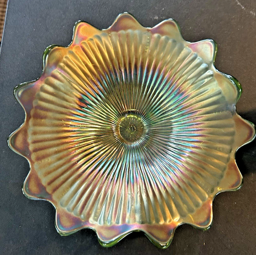 Northwood Carnival Glass Green 3 Footed Bowl Bead Leaf & Rays