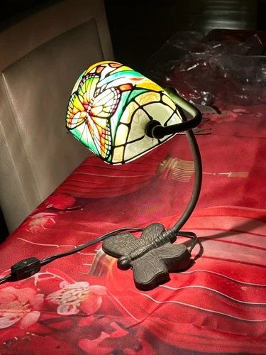 Vintage Tiffany Styled Bankers Stained Glass Butterfly Desk Lamp