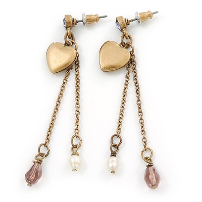Vintage inspiriertes Herz Medaillon Kette Tropfen Ohrringe in antikem Goldton - 60 mm L