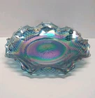Vintage Indiana Glass Teal Carnival Glass 10" Bowl Diamond Point Ruffled Wavy