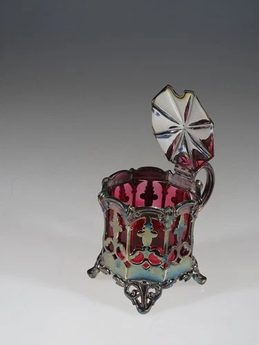 Victorian Glass Cranberry Covered Marmalade Jar Hand Painted Flowers c.1890