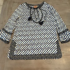 Tory Burch Gwenna Jacquard Printed Tunic Womens Sz 10 Blue Black Geometric 