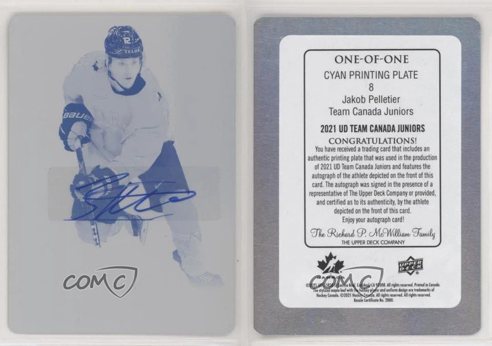 2021 Team Canada Juniors Printing Plate Cyan 1/1 Jakob Pelletier #8 Auto i9y - Image 3 of 3