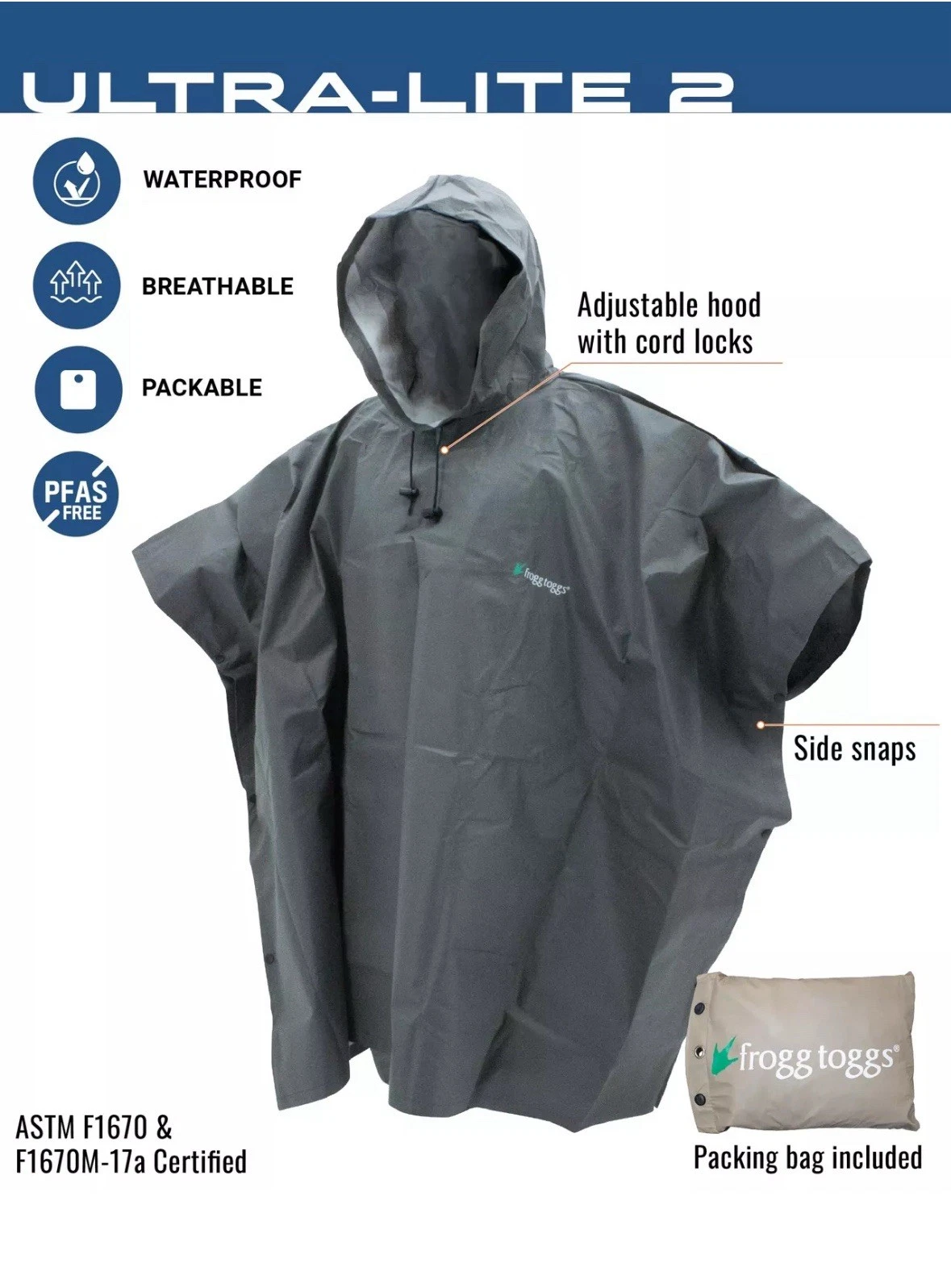 FROGG TOGGS Ultra-lite2 Waterproof Breathable Rain Poncho Adult and Youth Sizes