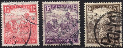 HUNGARY 1916 - Used 10 15 and 20 fi.  Reaper colored numbers #UN1
