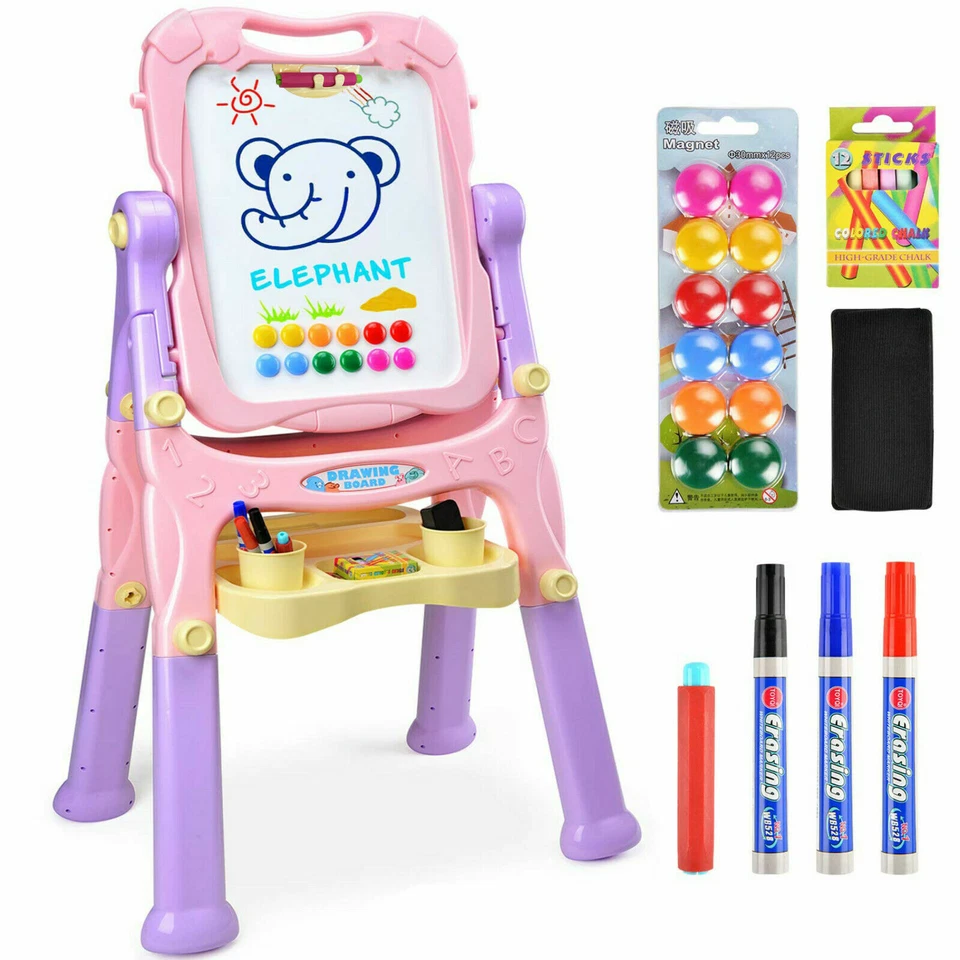 Childs Double Sided Folding Magnetic Drawing Board Easel Colour Chalk for Kids
