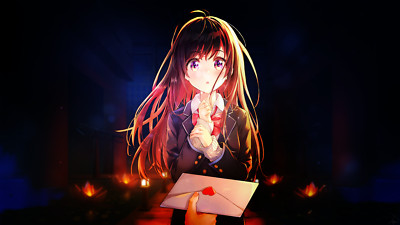 Anime girls letter pov school uniform brunette purple Playmat Game Mat Desk