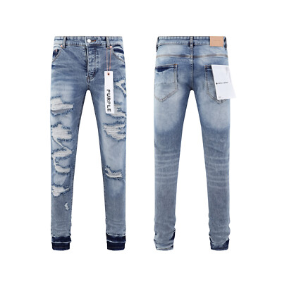 Blue Purple Brand Men's Personality Fashion Slim Fit Washed Hole Zipper Jeans