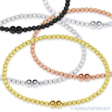 925 Italy Sterling Silver 3mm Moon-Cut Bead Link Beaded Italian Stretch Bracelet