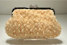 Vintage Flower Pearl Evening Handbag Rhinestone Clutch Party Wedding Purse Beige