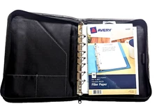 Day Timer Planner Cover 7 Rings Black Leather Zipper Inserts 8"x 10.5"