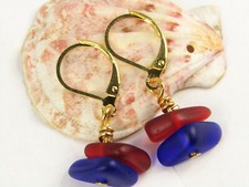 SEA GLASS Frosted Cobalt Blue Red Gold Dangle Earrings Beach USA HANDMADE
