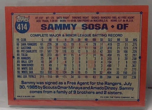 1991 Topps Sammy Sosa #414 40 Years of Baseball Error Card Wrong Birthday! - Picture 3 of 3