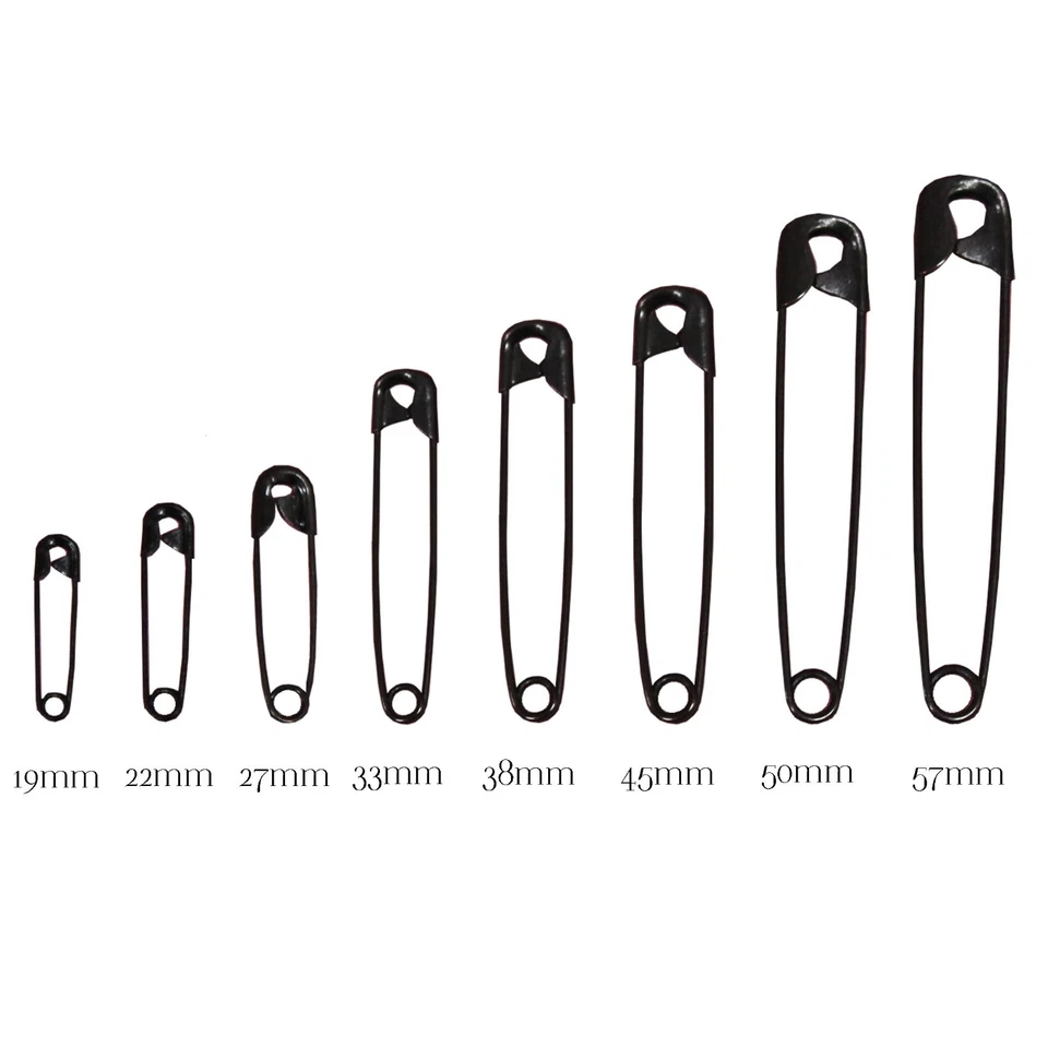 Premium Quality Black Safety Pins Made from Hardened Steel Pin Wire in 8 Sizes