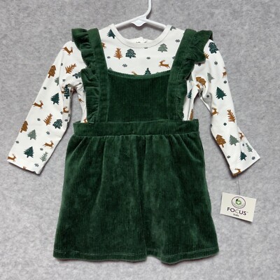 FOCUS Baby Girl 18M Organic Cotton Woodland Creature Bodysuit & Dress Set Green