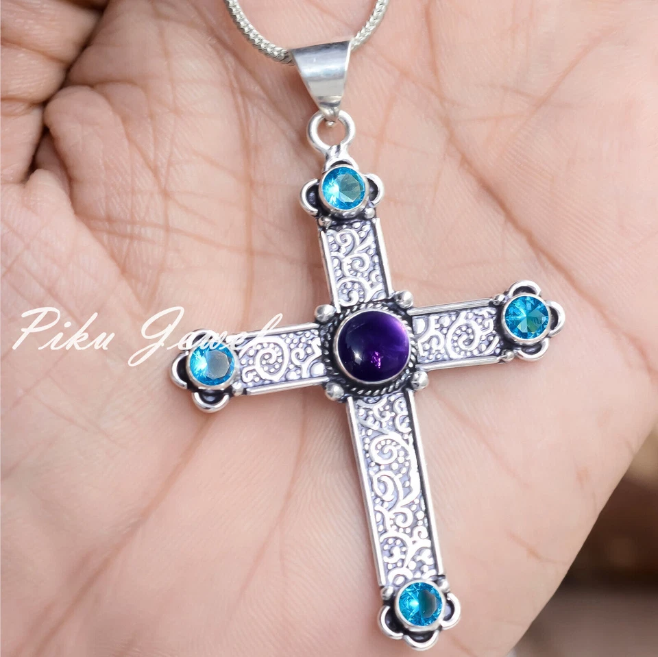 Ciondolo antico croce argento sterling 925 pietra preziosa topazio blu... - Immagine 4 di 4