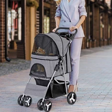 4 Wheels Cat Dog Stroller for Small Pets with Cup Holder and Storage Basket Grey