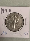 1944-D Walking Liberty Half Dollar, 90% Silver, AU, Great Detail