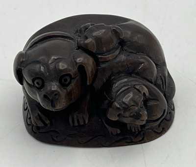 Japanese Netsuke Hand Carved Three Dogs Dog Family Wood Signed 1 1/2''
