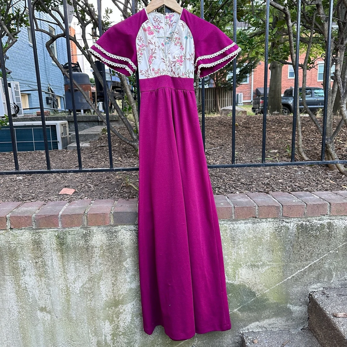 70s style purple dress Vintage 1970s Lilac Purple Prom Dress, Maxi Dress, Sheer Fully Lined Floral Pink and Purple Dress