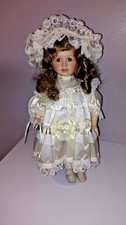 Porcelain Doll With Stand Dressed In Pretty Ivory Dress & Bonnet 17"